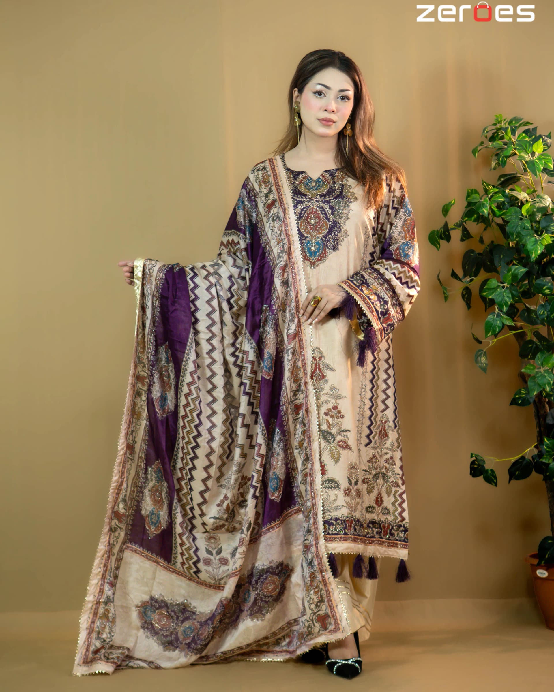 Beige Printed Silk Salwar Kameez -C- Stitching Available