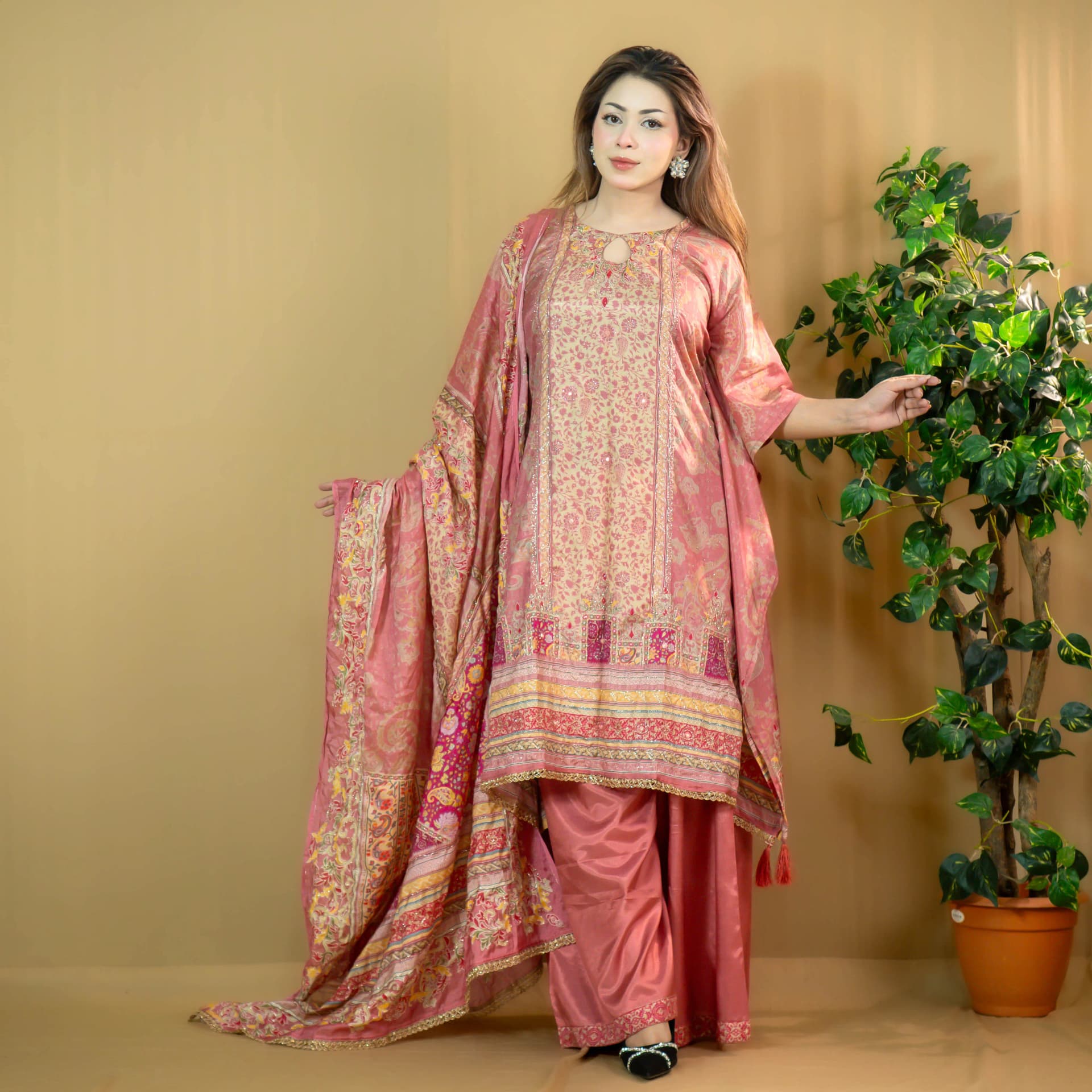 Coral Embroidered Silk Skirt Palazzo Three Piece –C-12758 Stitching Available