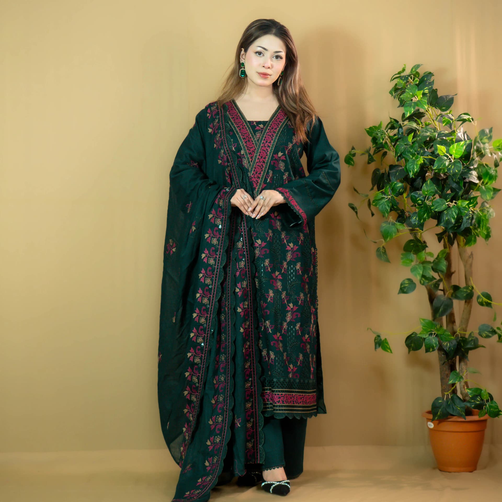 Green Fine Cotton Palazzo Salwar Kameez - C-12740 Stitching Available