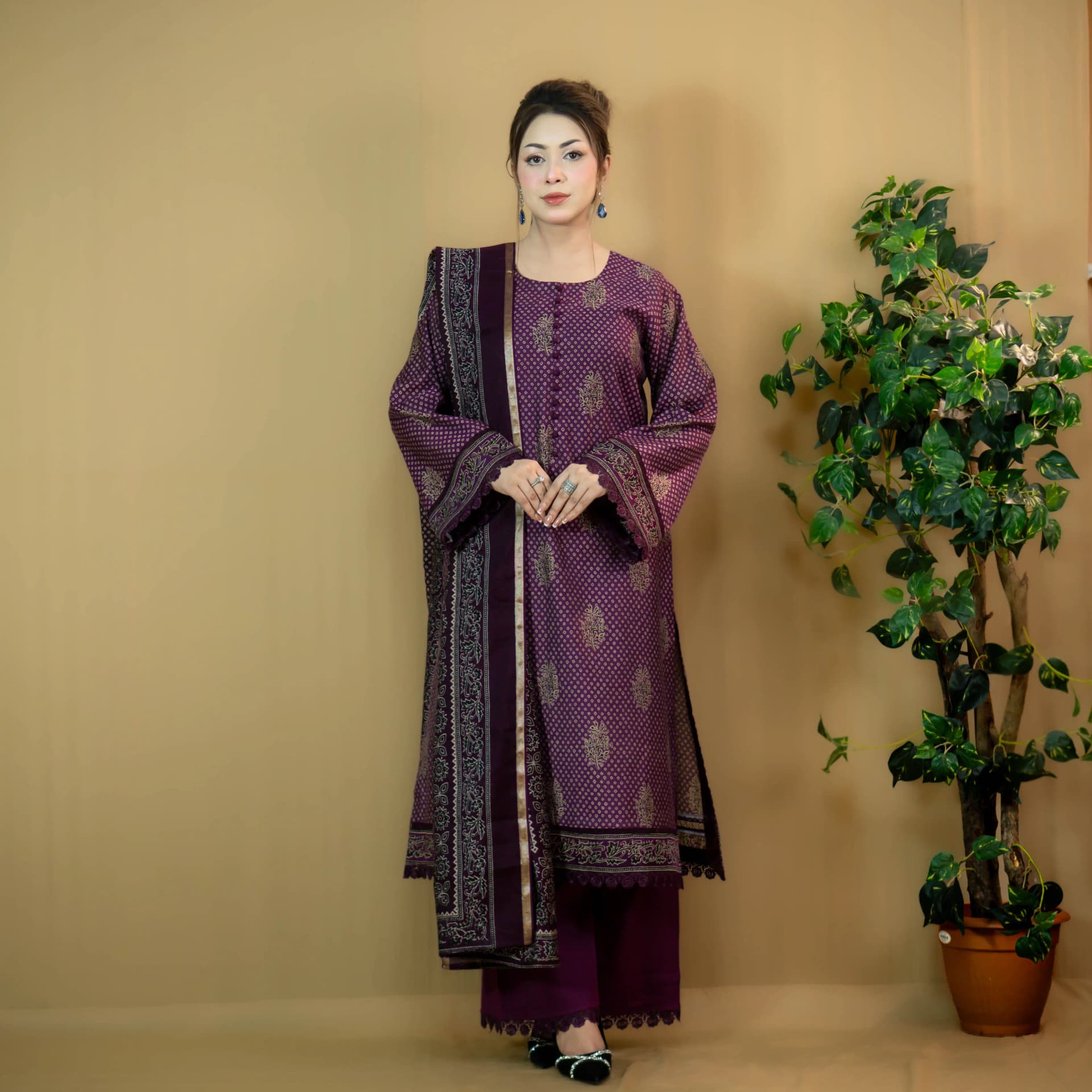 Mulberry Purple Maheshwari Silk Cotton Palazzo Set - C-12731 Stitching Available
