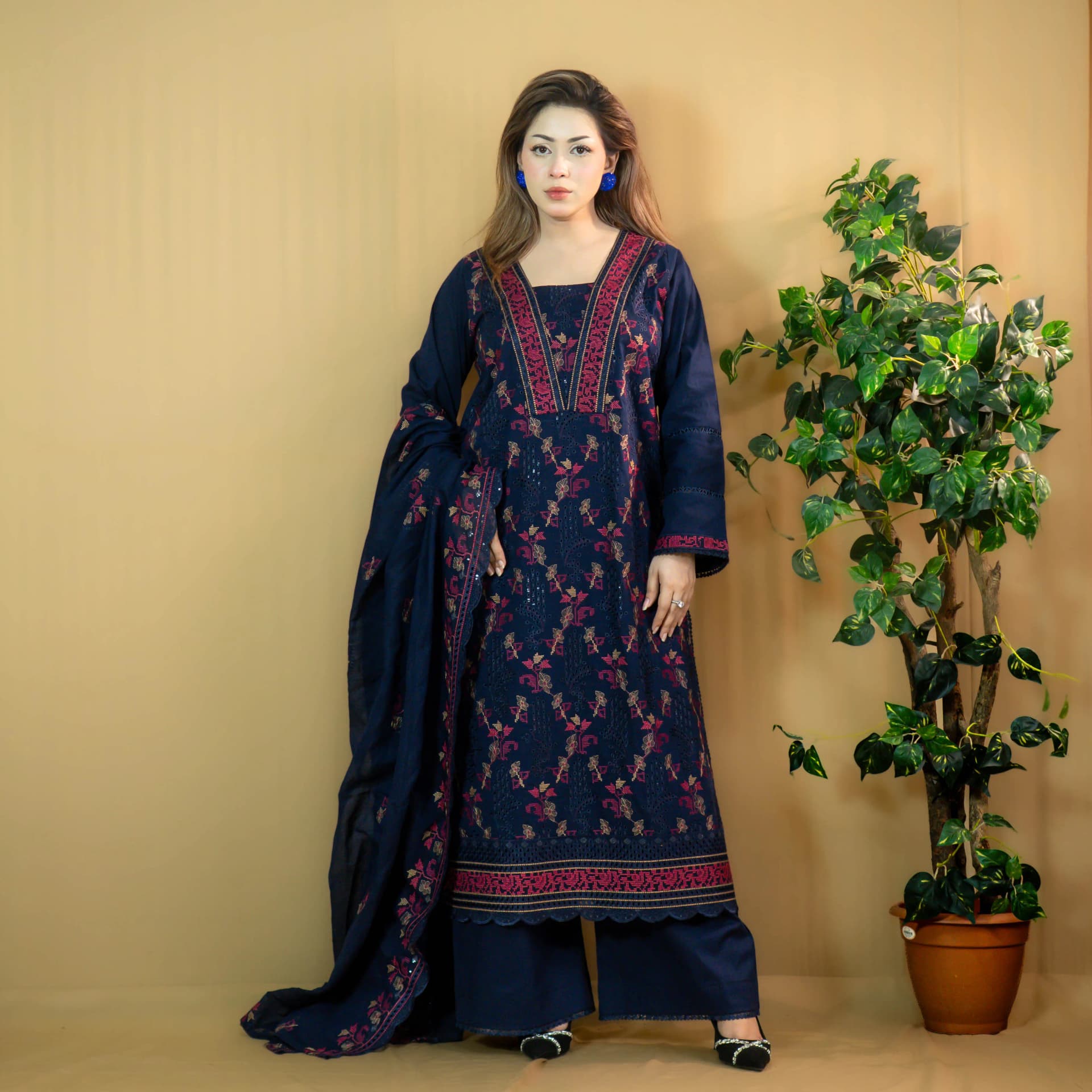 Navy Fine Cotton Palazzo Salwar Kameez - C-12736 | Stitching Available