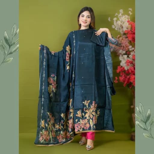 Teal Unstitch Embroidered Silk Salwar Kameez C-11554 