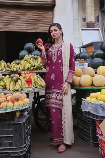 BURGENDY BASANT – Stitched Luxury Embroidered BanaDora Lawn Collection with Chiffon Dupatta & Embroidered Cotton Trousers C-11042
