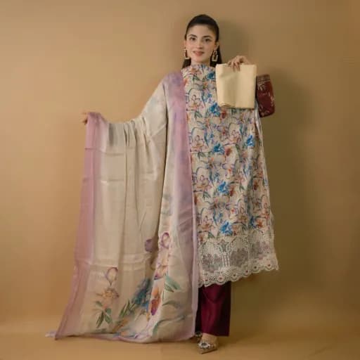 Beige Unstitch Embroidered Printed Cotton Salwar Kameez C-11715