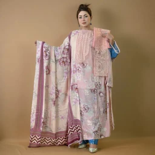 Pink Unstitch Embroidered Printed Cotton Kameez C-11739