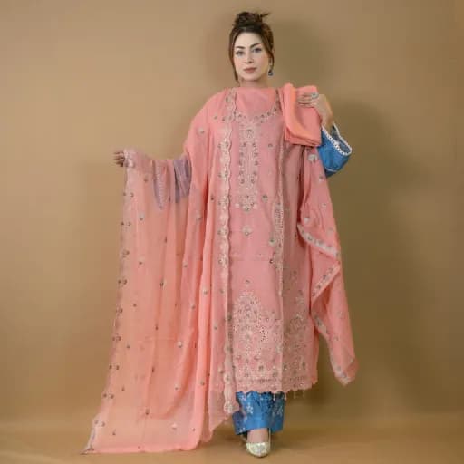 Peach Pink Unstitch Embroidered Printed Cotton Salwar Kameez C-11737 