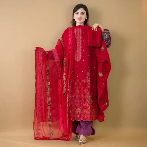 Red Unstitch Embroidered Cotton Salwar Kameez C-11742 