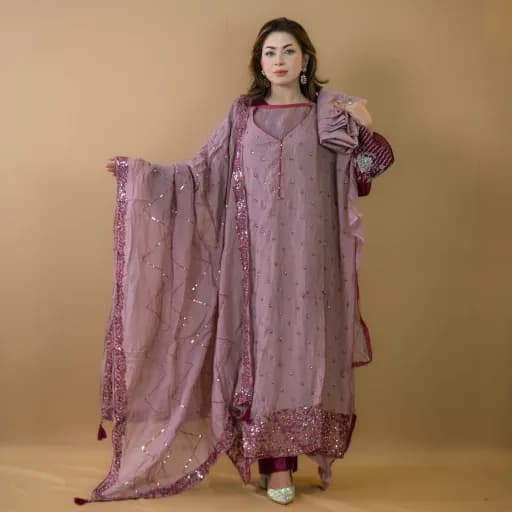Mauve Unstitch Embroidered Muslin Salwar Kameez C-11754 