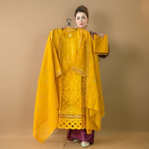 Yellow Semi-Stitch Embroidered Cotton Salwar Kameez C-11807 