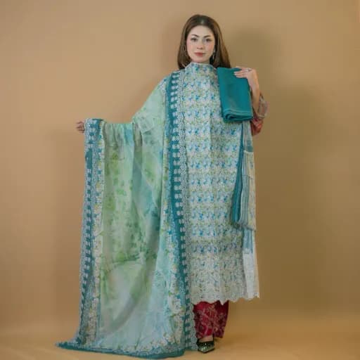 Green Unstitch Embroidered Printed Cotton Salwar Kameez C-11843