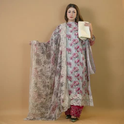 Ash Unstitch Embroidered Printed Cotton Salwar Kameez C-11834 
