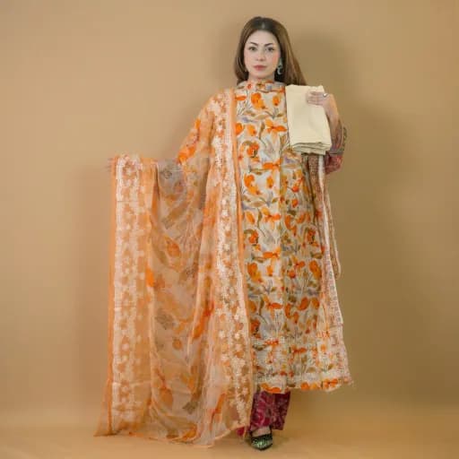 Orange Unstitch Embroidered Printed Cotton Salwar Kameez C-11836 