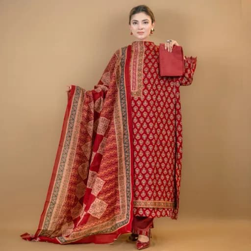 Red Unstitch Embroidered Printed Cotton Salwar Kameez C-11888 