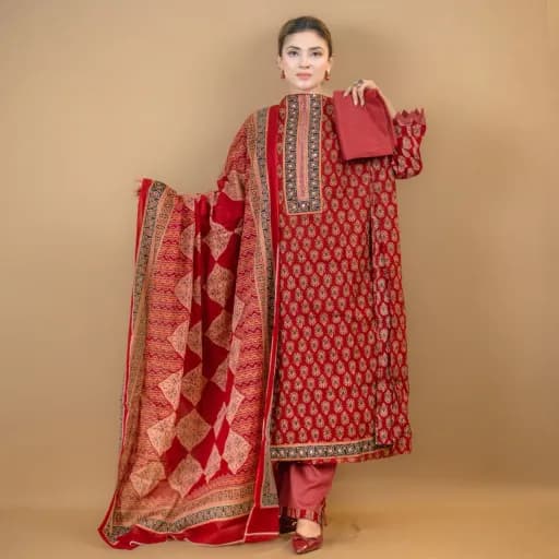 Red Unstitch Embroidered Printed Cotton Salwar Kameez C-11889 