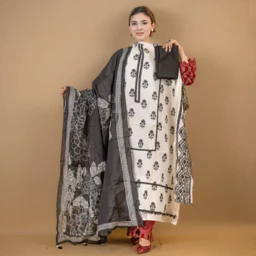 White Unstitch Embroidered Printed Cotton Salwar Kameez C-11892 
