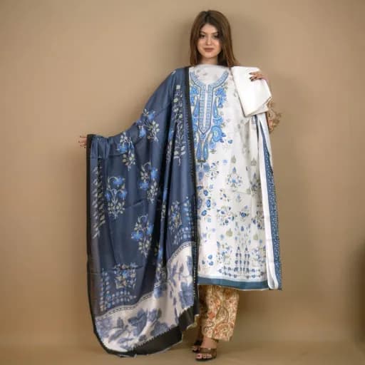 White Unstitch Embroidered Printed Cotton Salwar Kameez C-11899 