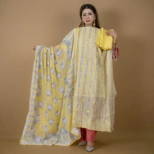 Yellow Unstitch Embroidered Printed Cotton Salwar Kameez C-11929 