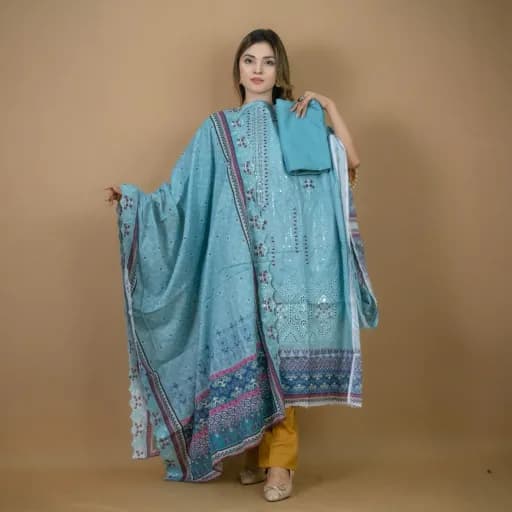 Sky Blue Embroidered Printed Lawn Salwar Kameez (Stitched/Unstitched) – C-12056 