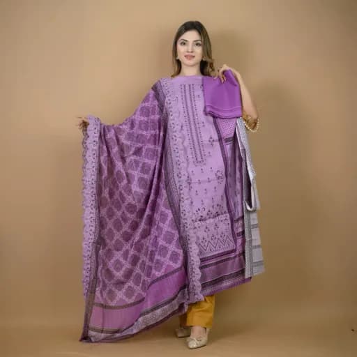 Purple Embroidered Printed Lawn Salwar Kameez (Unstitched) – C-12057