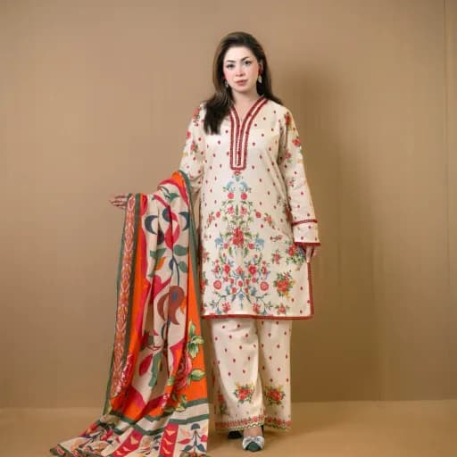 Cream White Printed Cotton Salwar Kameez C-12210 – Stitching Available