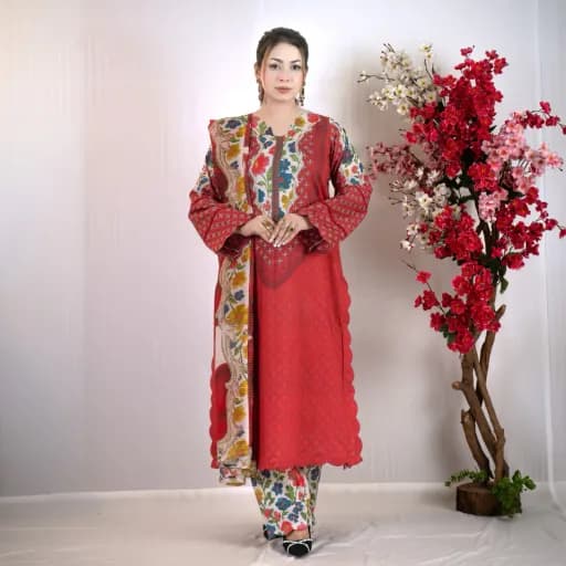 Red Printed Cotton Salwar Kameez | Stitching Available – C-12228