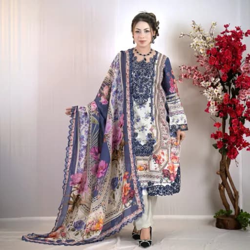 Blue Embroidered Printed Cotton Salwar Kameez C-12187 – Stitching Available