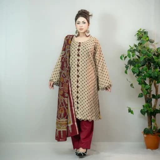 Beige Printed Maheshwari Silk Cotton Salwar Kameez –C-12472 Stitching Available