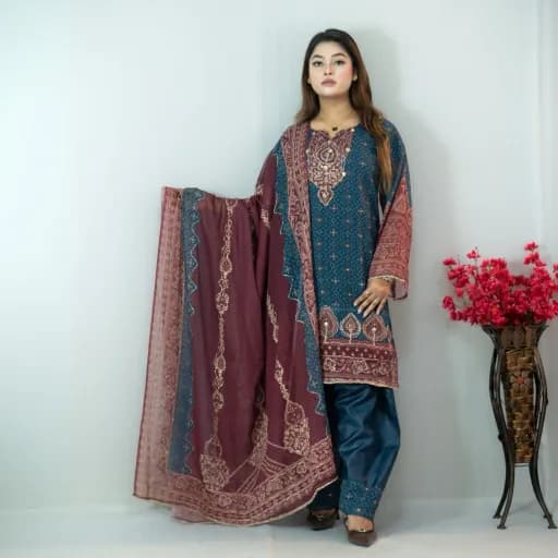 Teal Blue Printed Georgette Salwar Kameez –C-12655 Stitching Available