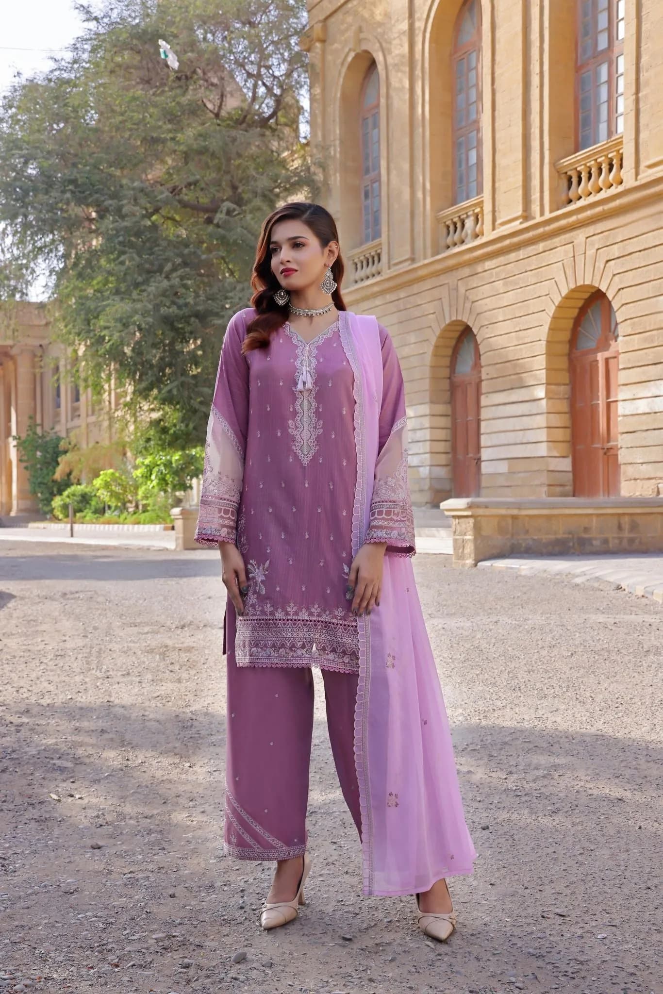 PLUM BASANT – Stitched Luxury Embroidered BanaDora Lawn Collection with Chiffon Dupatta & Embroidered Cotton Trousers C-11043