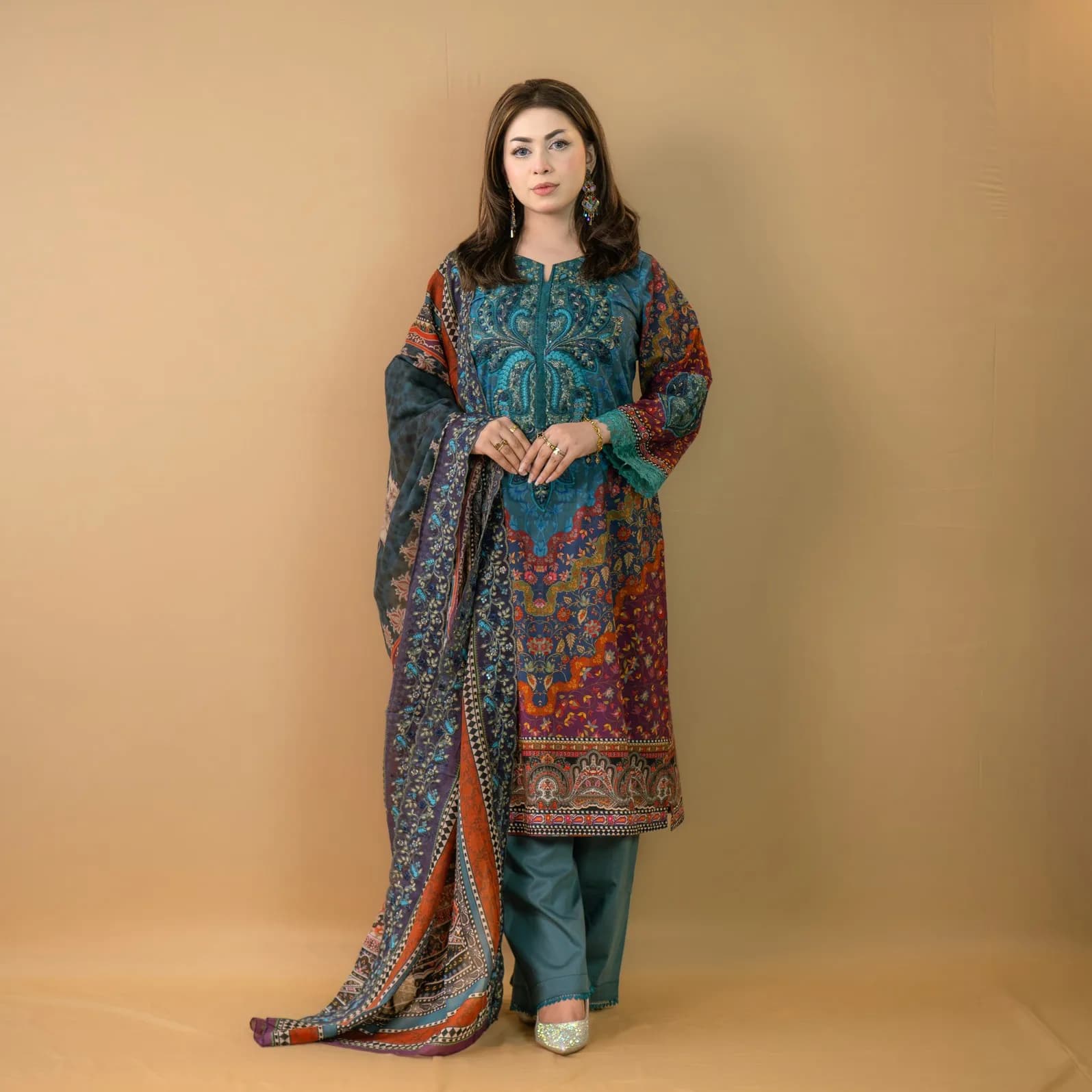 Teal Unstitched Stitched Embroidered Printed Cotton Salwar Kameez C-11638/ Stitching Available