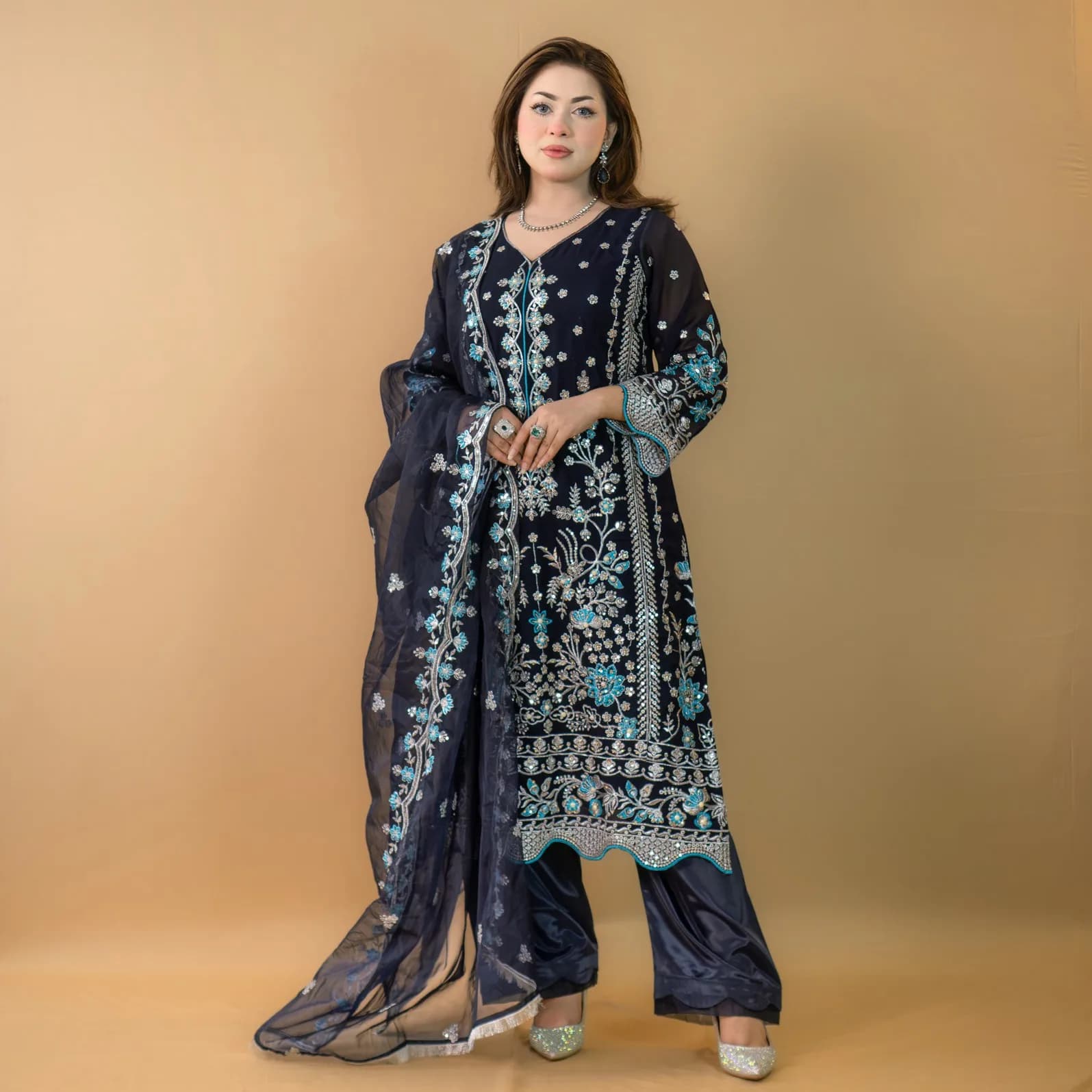 Blue Embroidered Georgette Organza Salwar Kameez C-11670 – Stitching Available