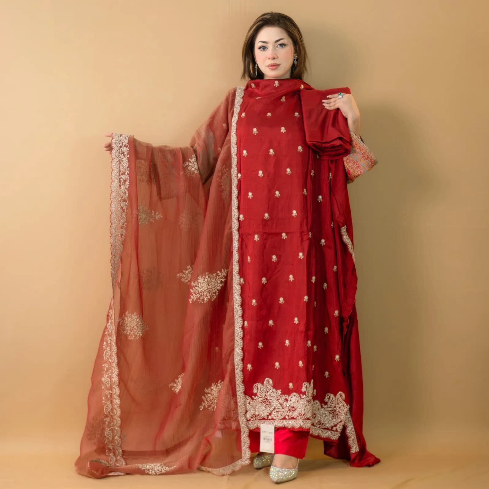 Red Unstitch Floral Woven Design Silk with Beads and Stones Salwar Kameez C-11675
