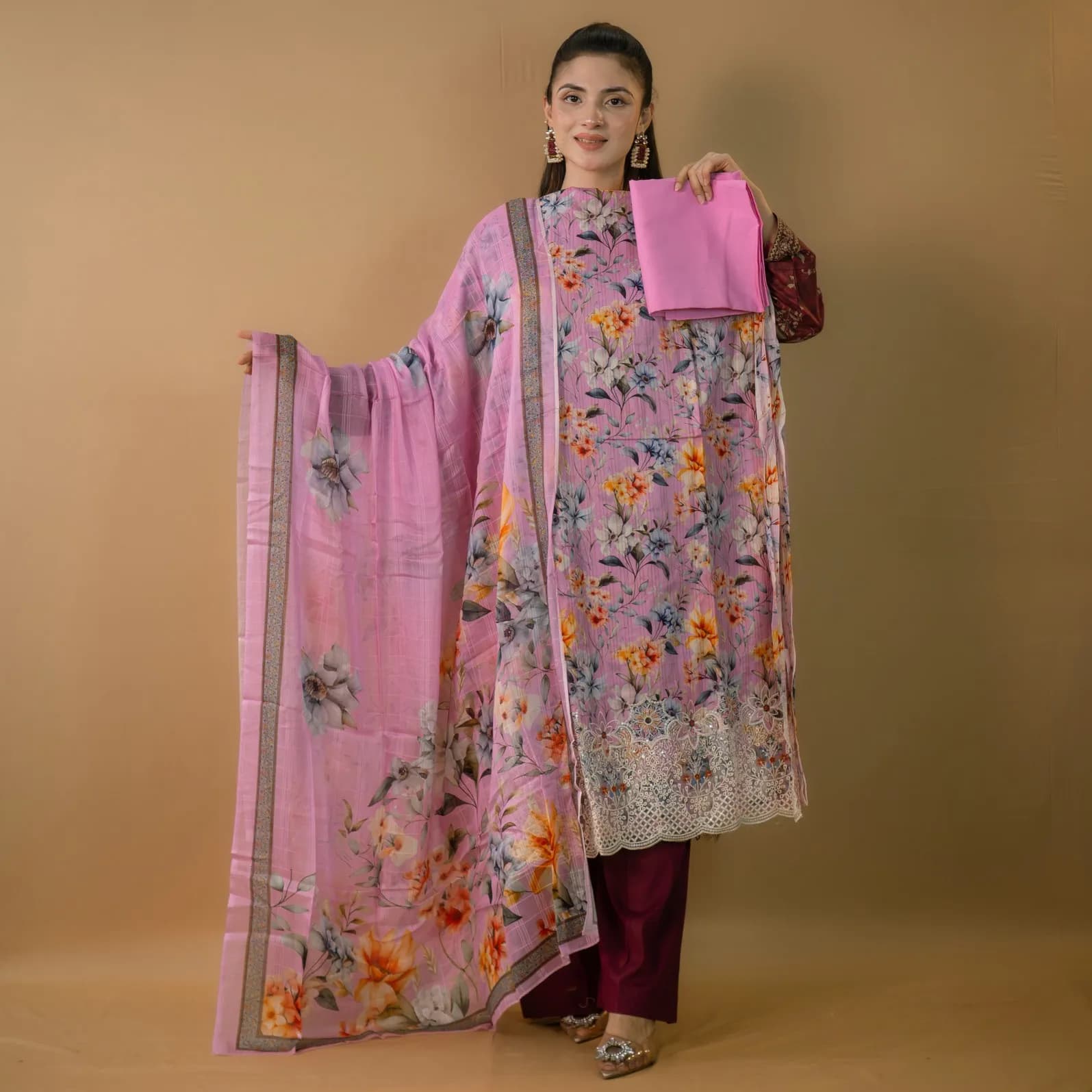 Pink Unstitch Embroidered Printed Cotton Salwar Kameez C-11718