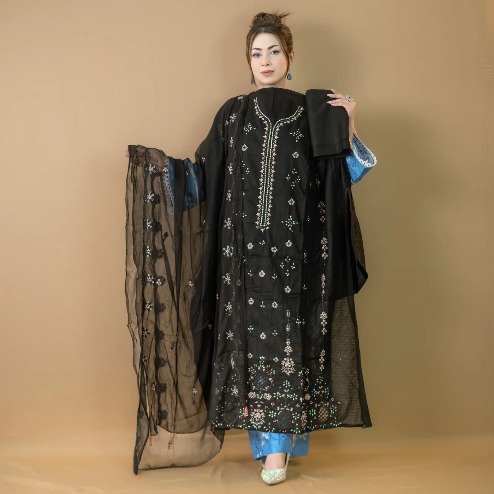 Black Unstitch Embroidered Printed Cotton Salwar Kameez C-11735
