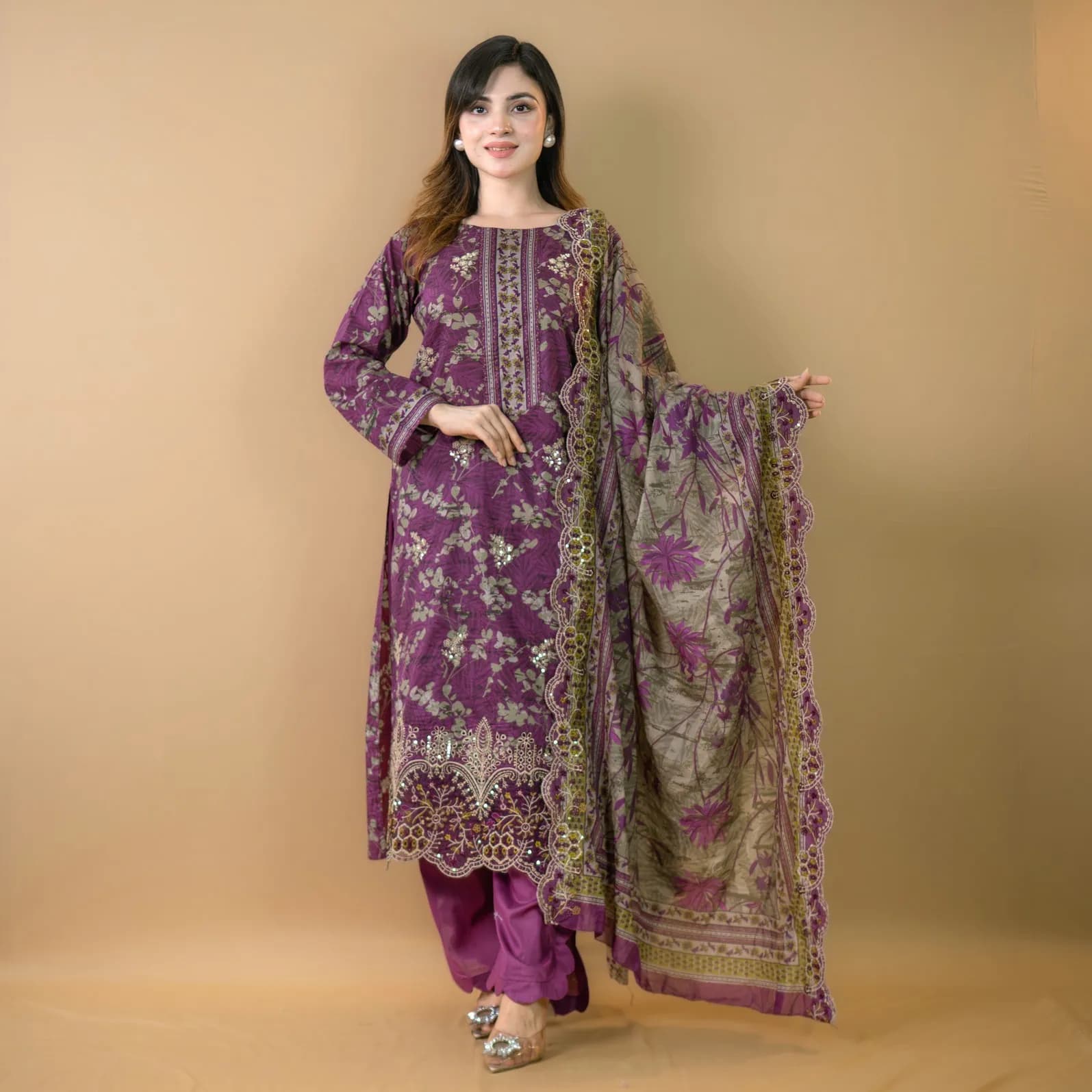 Purple Floral Embroidered Cotton Salwar Kameez- C 11732 | Stitched & Unstitched
