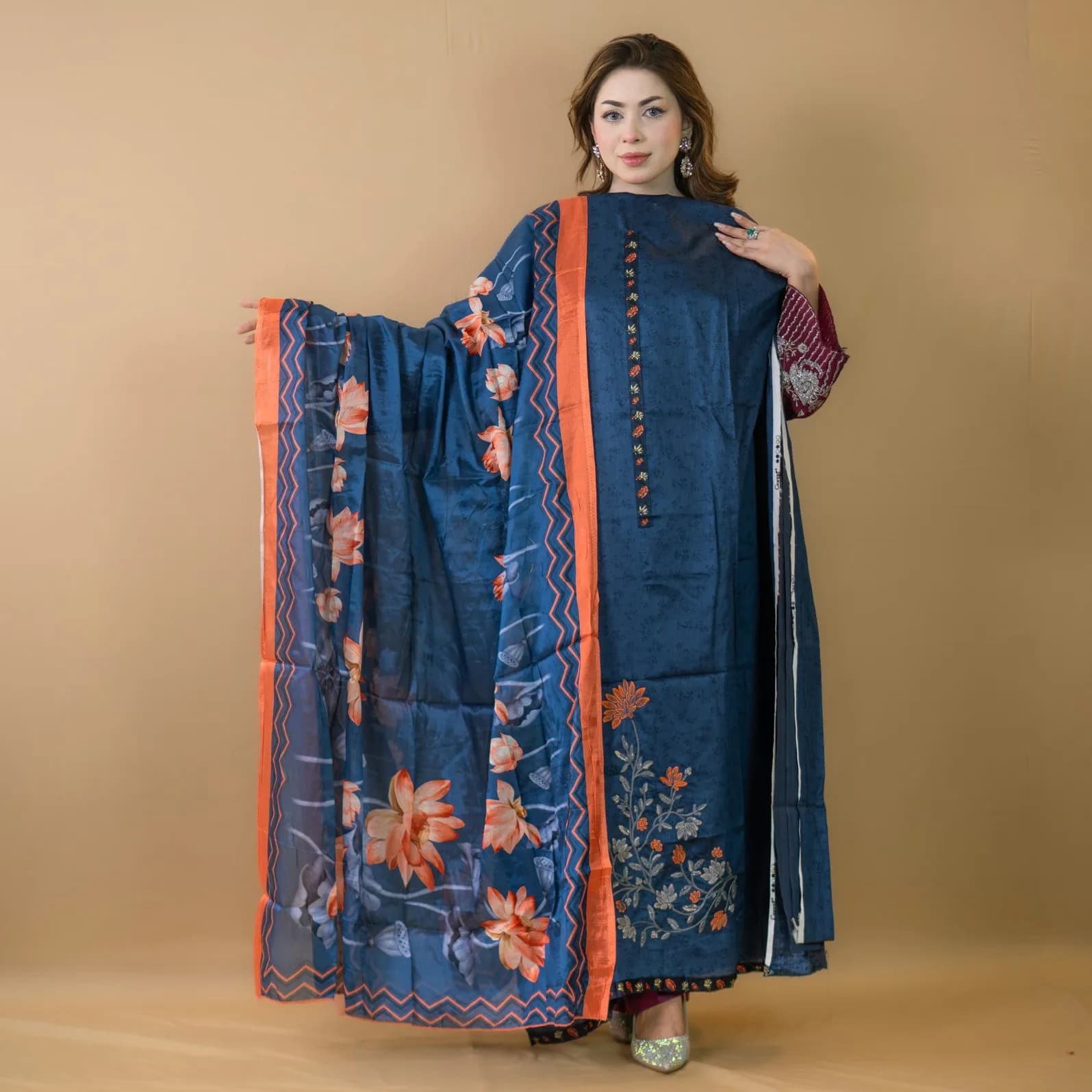 Blue Unstitch Embroidered Cotton Silk Salwar Kameez C-11759