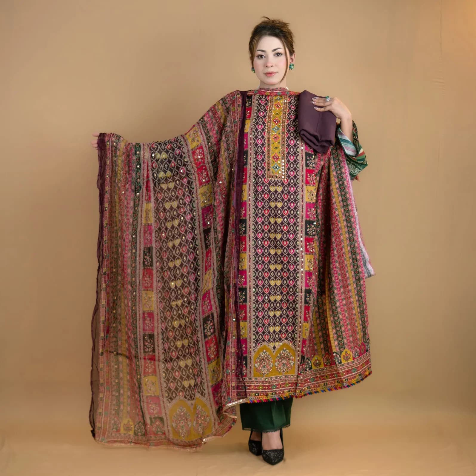 Coffee Real Mirror Work Embroidered Silk Salwar Kameez C-11548