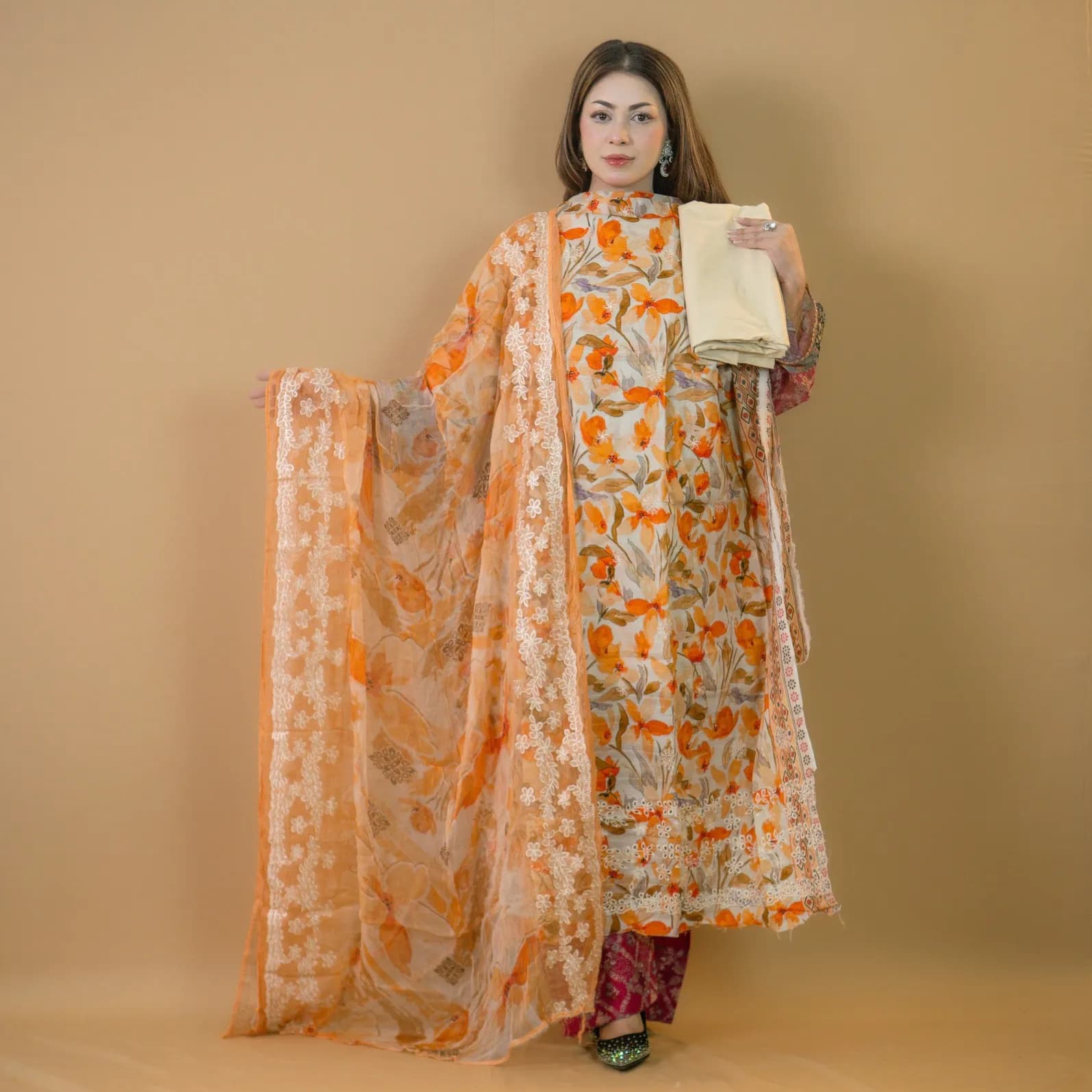 Orange Unstitch Embroidered Printed Cotton Salwar Kameez C-11836