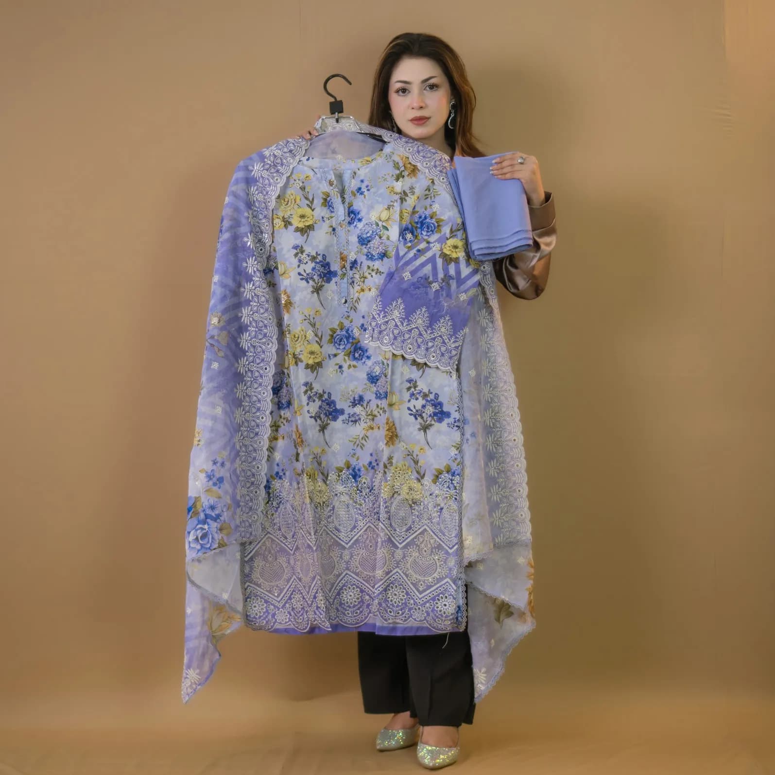 Purple Pakistani Brand Inspired Semi-Stitch Embroidered Cotton Salwar Kameez C-11860