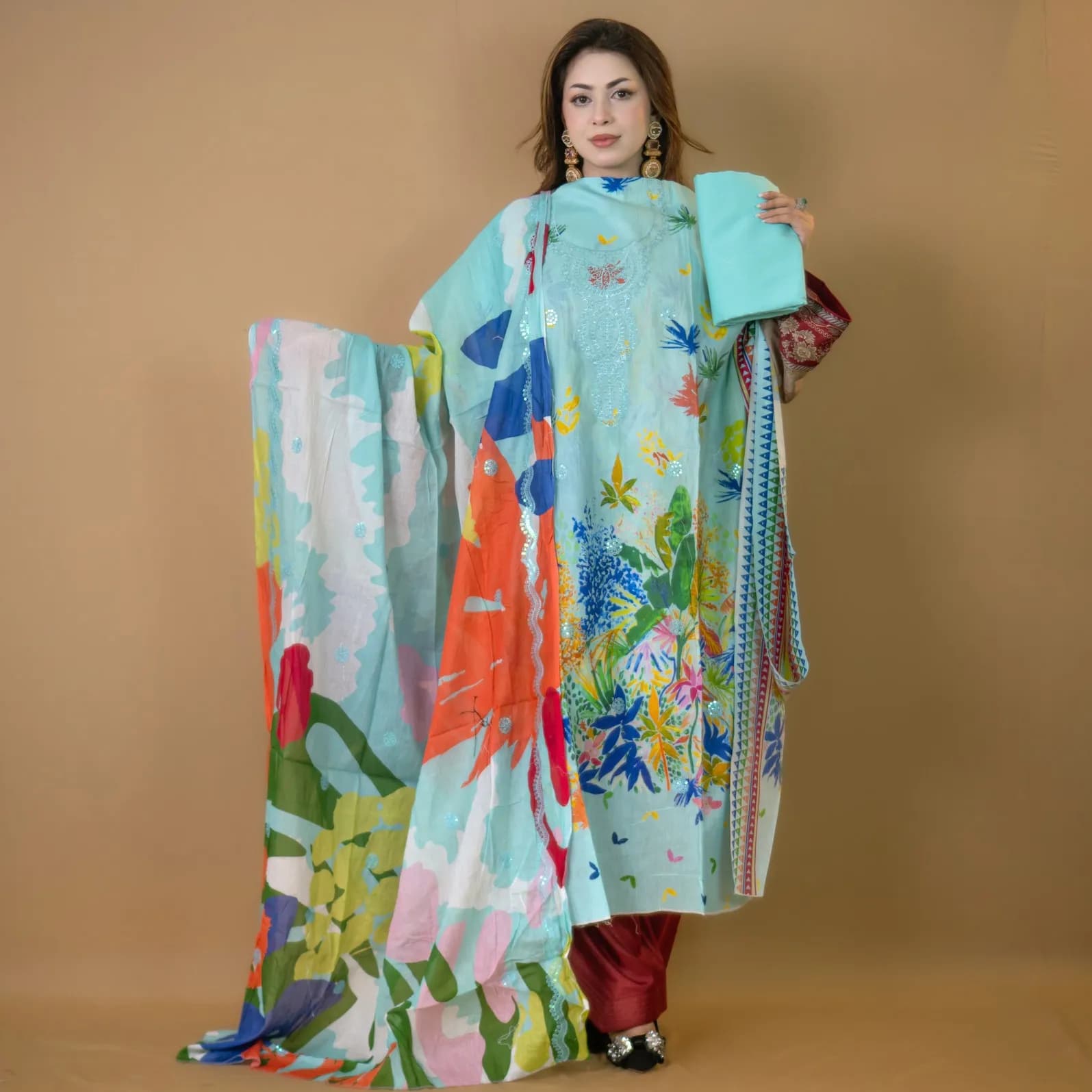 Sky Mint Unstitch Embroidered Printed Cotton Salwar Kameez C-11877