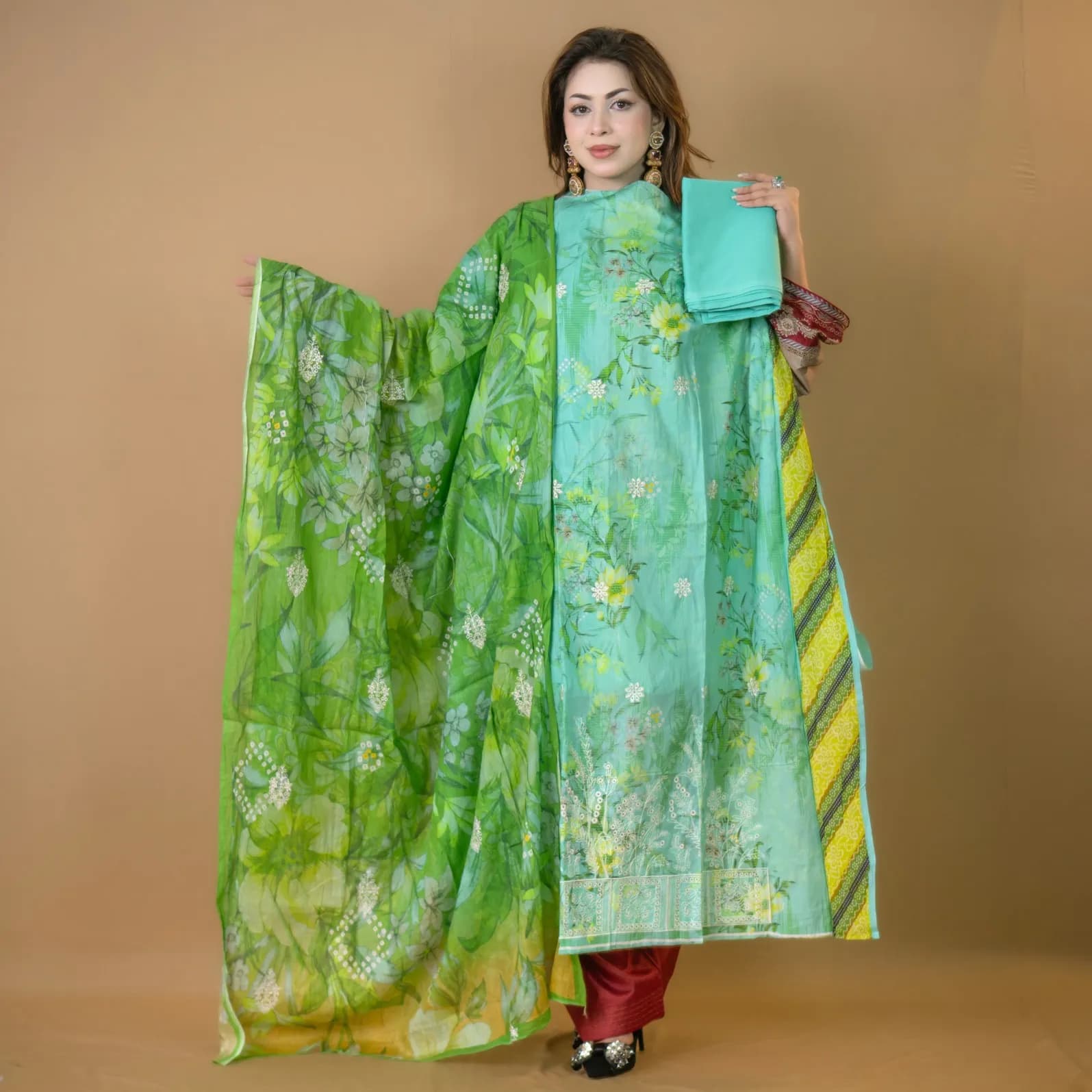 Aqua Green Unstitch Embroidered Printed Cotton Salwar Kameez C-11878