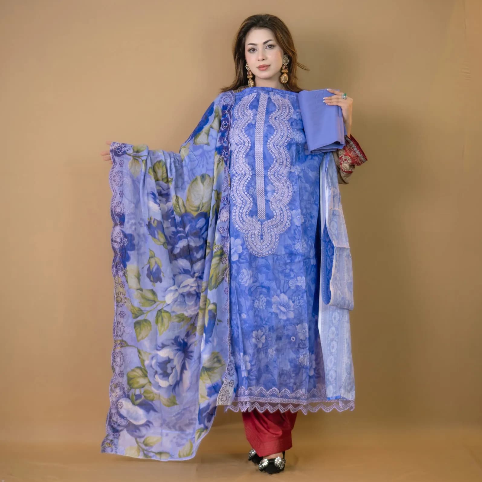 Purple Unstitch Embroidered Printed Cotton Salwar Kameez C-11869