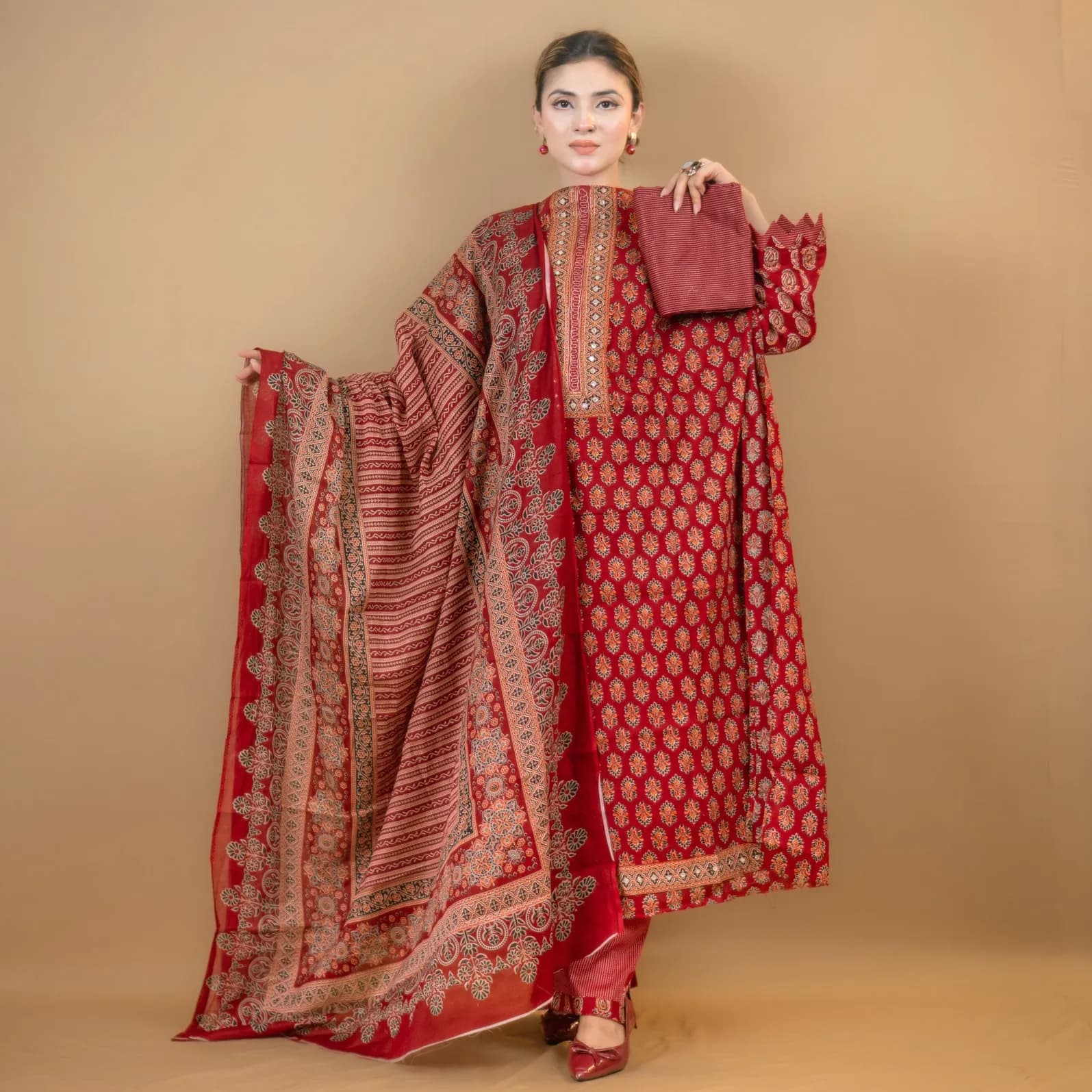 Red Unstitch Embroidered Printed Cotton Salwar Kameez C-11887