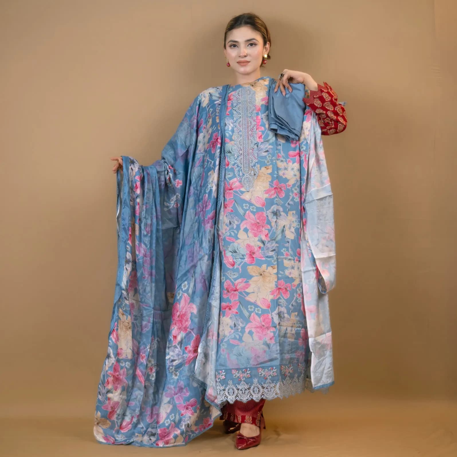 Sky Blue Unstitch Embroidered Printed Cotton Silk Salwar Kameez C-11890