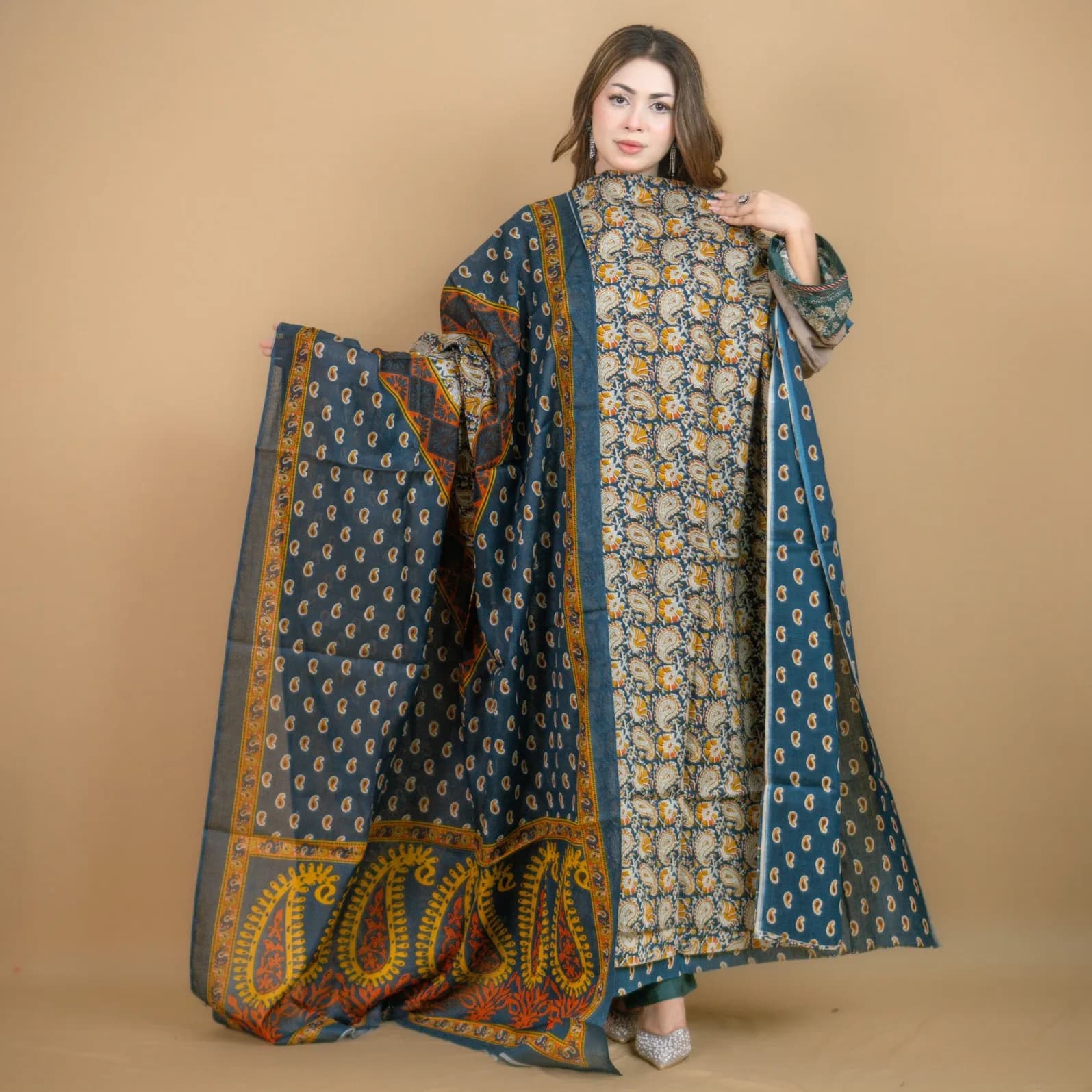 Blue Unstitch Printed Cotton Salwar Kameez C-11909