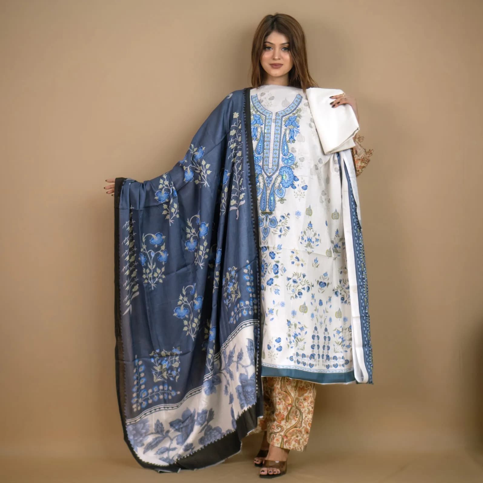White Unstitch Embroidered Printed Cotton Salwar Kameez C-11899