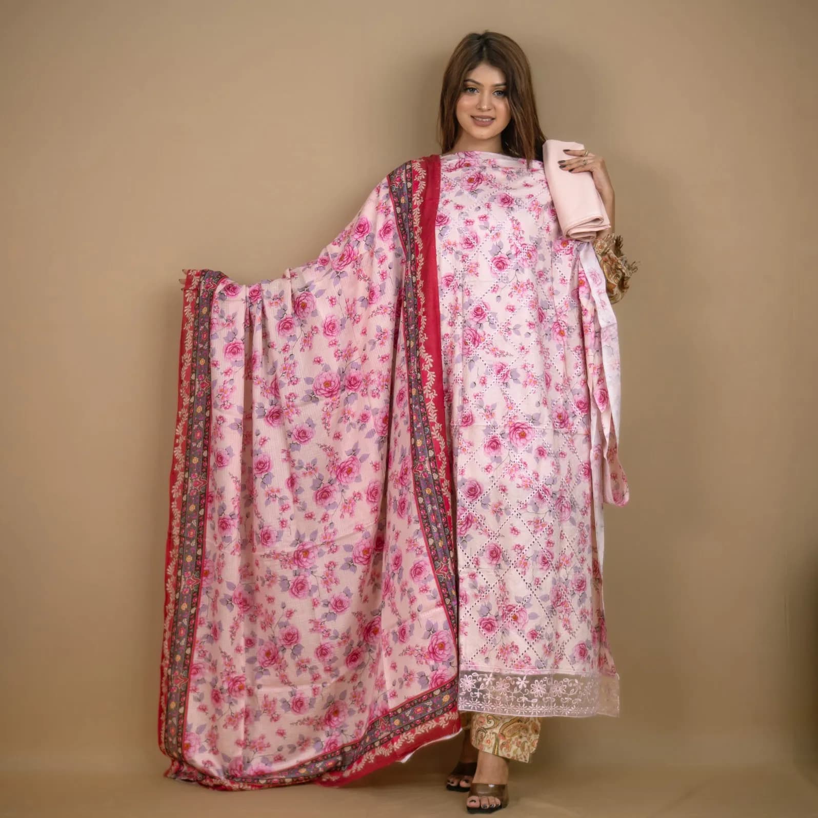 Pink Unstitch Embroidered Printed Cotton Salwar Kameez C-11858