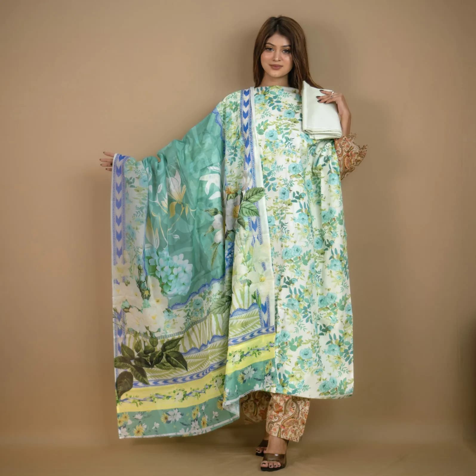 Cream Mint Unstitch Printed Cotton Salwar Kameez C-11903