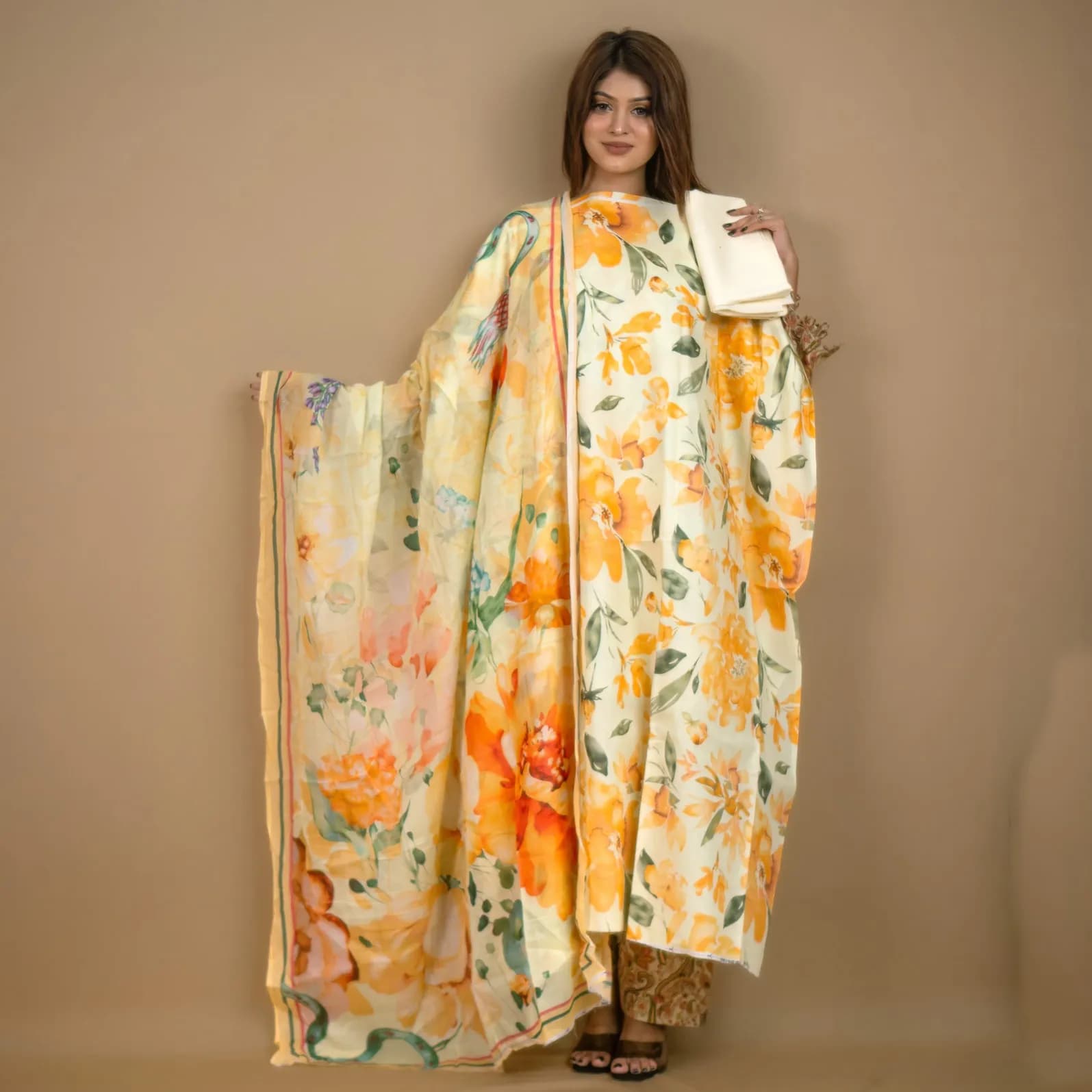 Cream Yellow Unstitch Printed Cotton Salwar Kameez C-11901