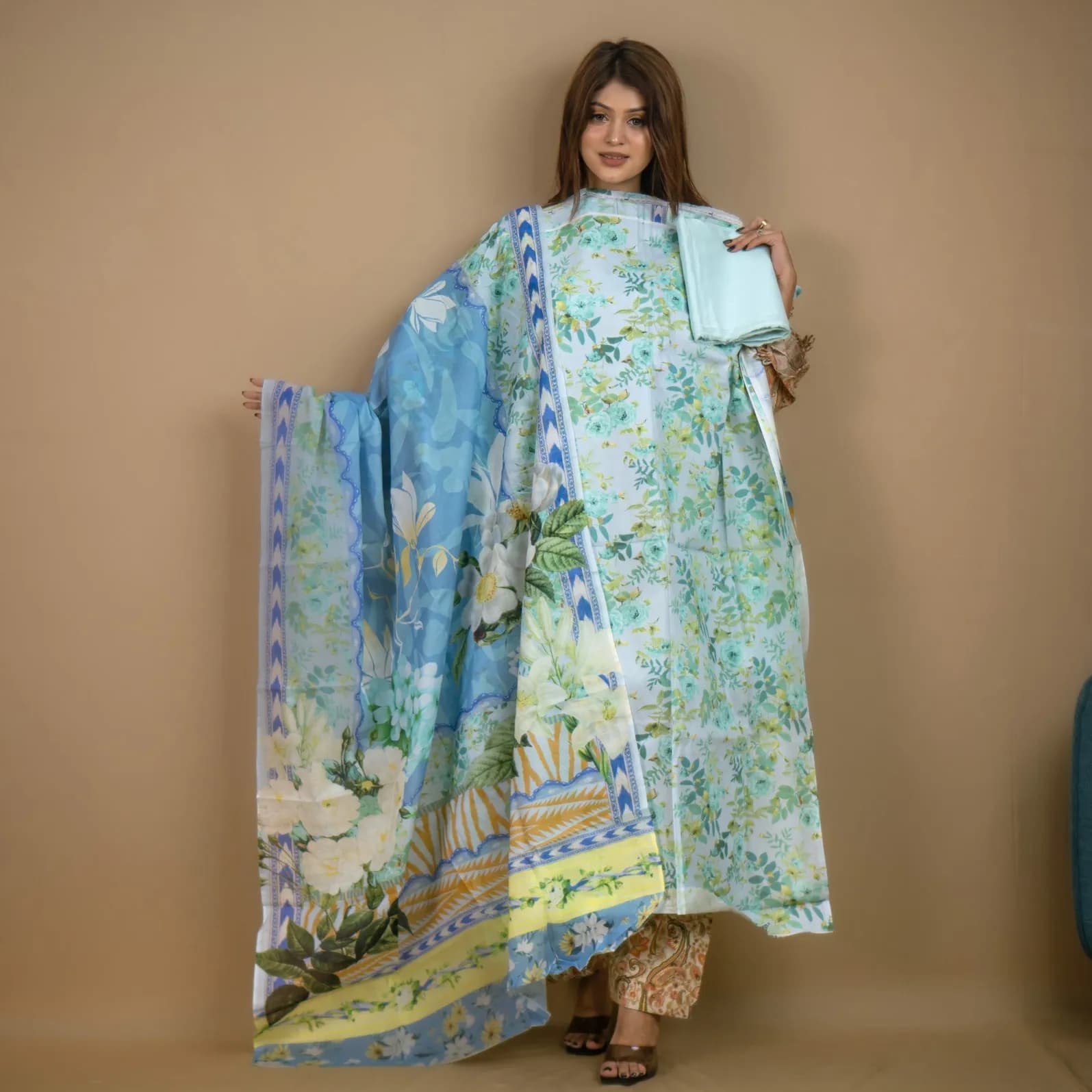 Powder Blue Unstitch Printed Cotton Salwar Kameez C-11906